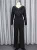 Svart Elegant Jumpsuit V-Hals Pärlbroderi Patchwork Tofs Lång Ärm Slim Fit Kontorskläder Fest Dam En Del Romper Outfit