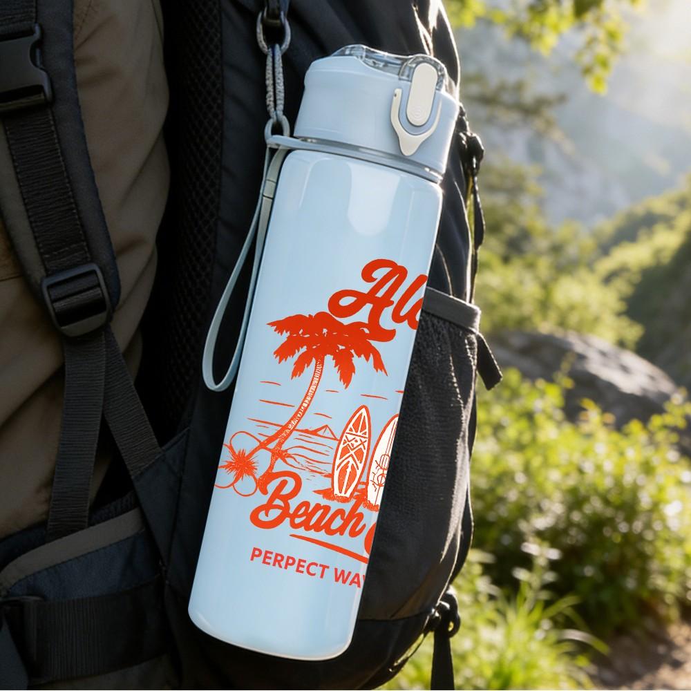1PC Aloha Palm Beach Retro Text 750ml Color Plastic Sports Water Bottle Leakproof Flip Straw Lid Suitable for Sports Office Home Use