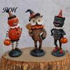 Resin Figurine Ornaments Wooden Halloween Figurines, Pumpkin Scarecrow Wizard Owl Black Cat Tabletop Decorations Statue, Rustic Desktop for