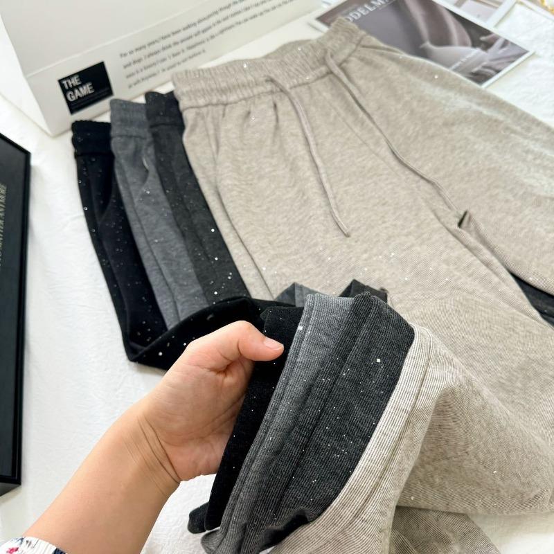 Autumn Winter Elastic High Waist Loose Casual Sequins Wide Leg Pants Women All-match Straight Sweatpants Trousers