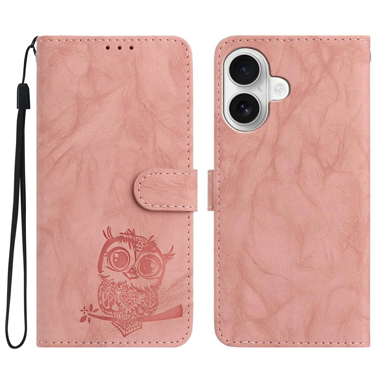 

For iPhone 16 Plus Case Owl Imprinted PU Leather Wallet Phone Cover with Wrist Strap Pink