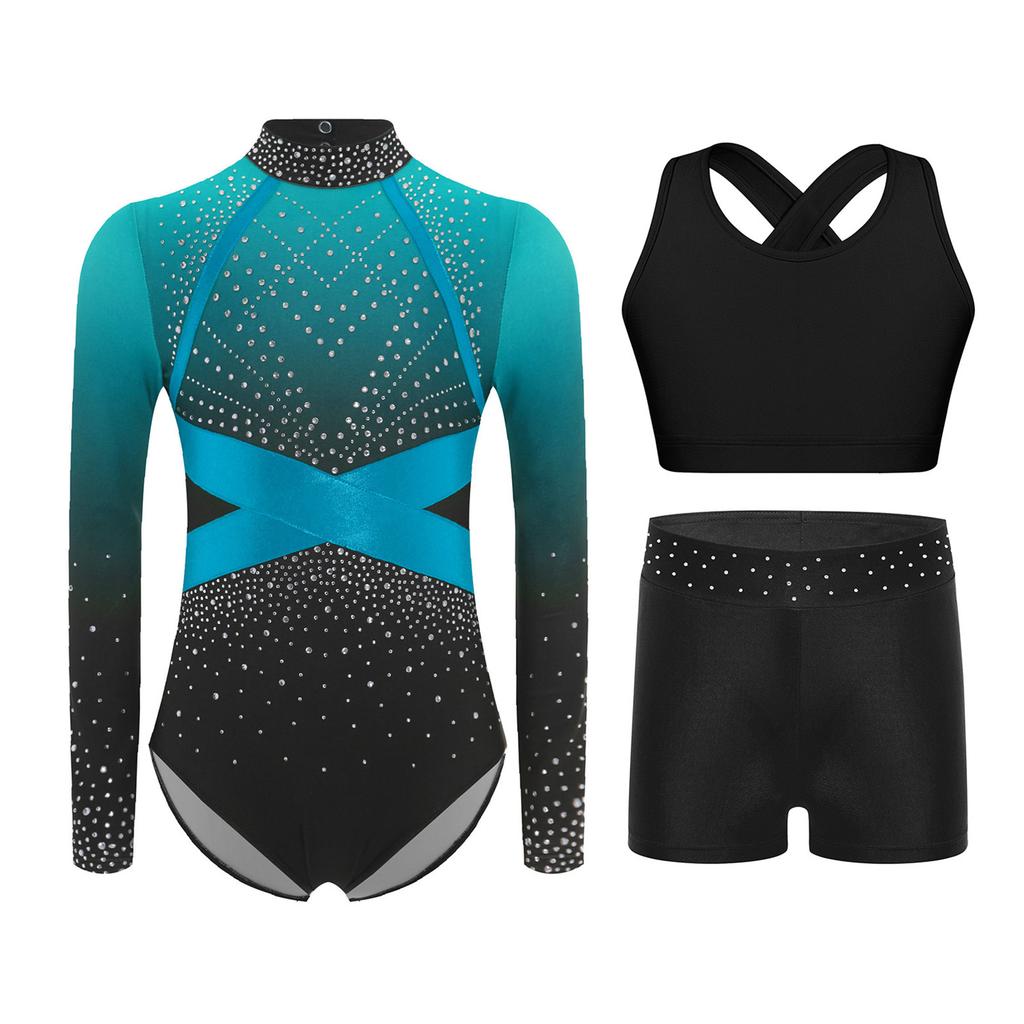 Girls Sparkly Rhinestones Color Block Leotard Long Sleeve Keyhole Back Design Cross Back Vest Shorts Skating Outfit
