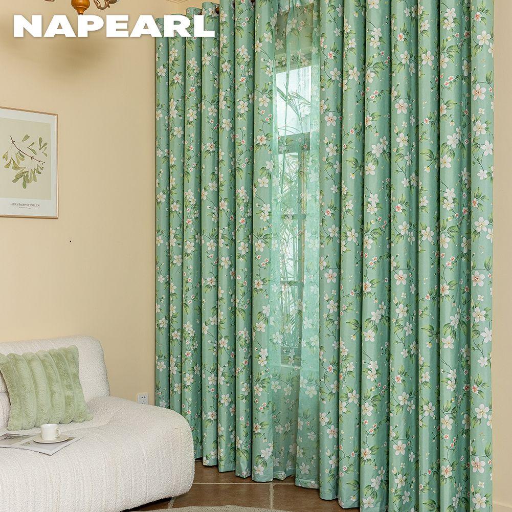 1 STÜCK NAPEARL Ländlicher Stil Sommer Grün Blumenmuster Vorhänge Vollverdunkelungsvorhänge für Schlafzimmer Wohnzimmer Balkonfenster zur Heimdekoration
