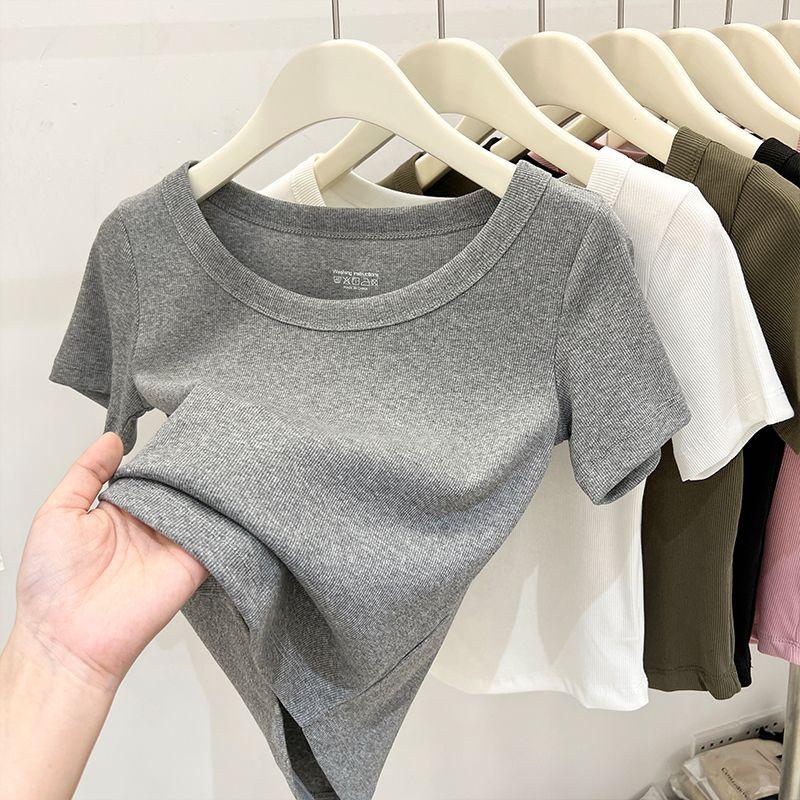 

European Goods White Short Sleeve T-Shirt Women s Summer 2025 New Arrival Beautiful Small Shirt Silm Slimming Short Top Women s Suit Melange gray S