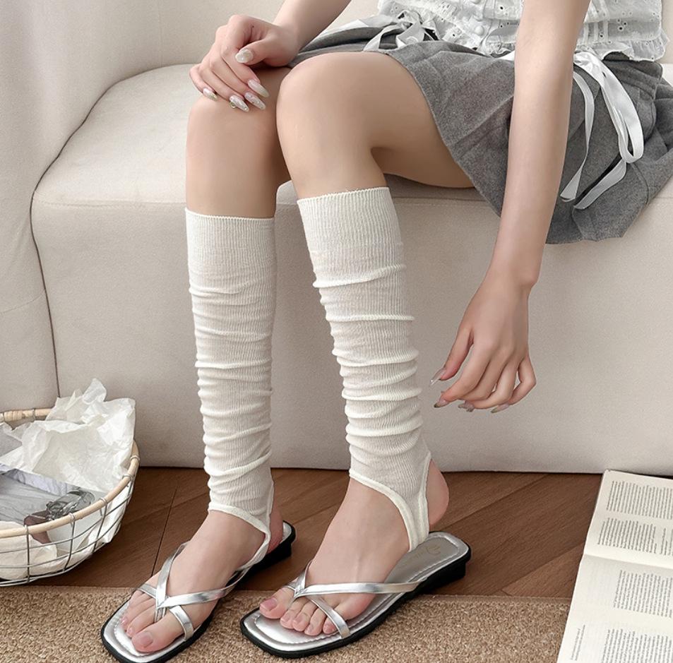 Ballet-Style Over-the-Knee Thin Summer Socks for Women - Solid Color, Calf-Slimming, Double-Needle Scrunch Design