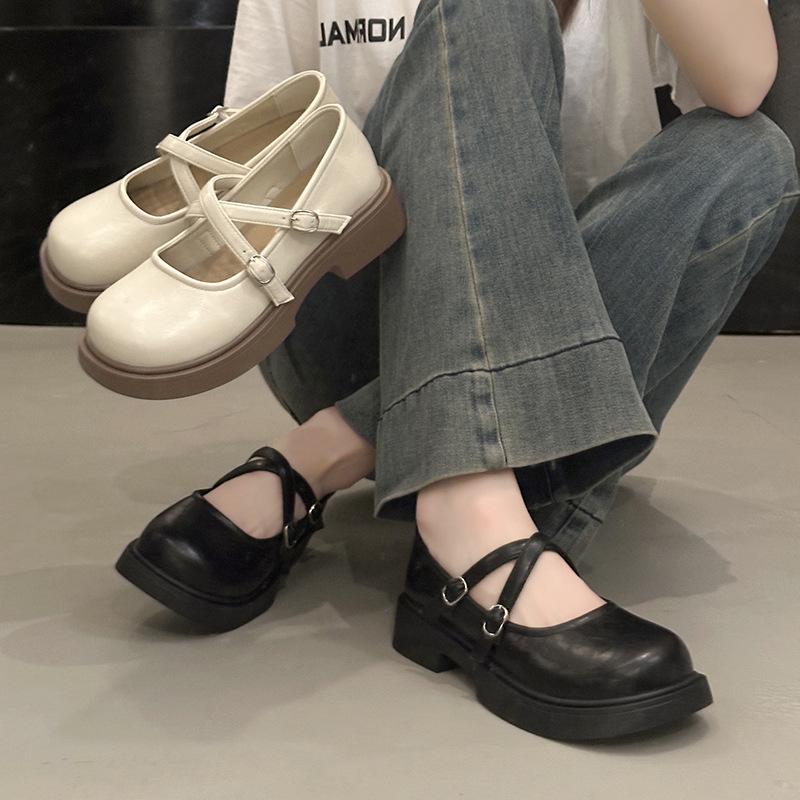 French cross Mary Jane small leather shoes women's retro round head inner heightening women's shoes autumn shallow mouth single shoes