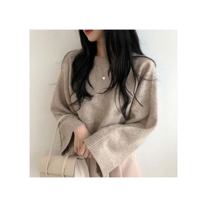 Chic Autumn and Winter Lazy Sweater Solid Color Loose Small Short Long-sleeved Round Neck Pullover Knitted Sweater Women
