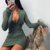Women Autumn Winter Fashion Neckline Zipper Sexy Hip Wrap Dress