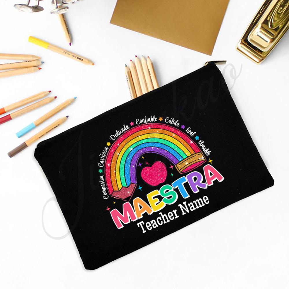 Personalised Rainbow with Name Print Pencil Bag Custom Teacher Name Makeup Bags Travel Storage Bag The Best Gifts for Teacher