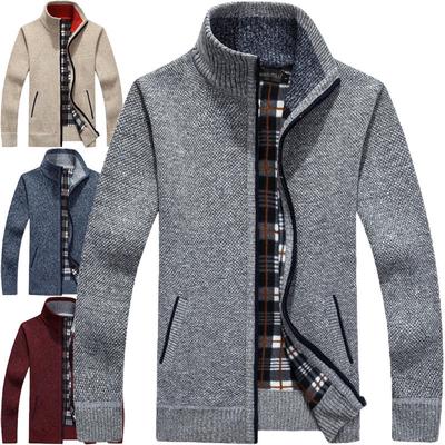Men's Casual Coat Velvet Thick Cardigan Sweater Stand Collar Zipper High Collar Sweater Coat