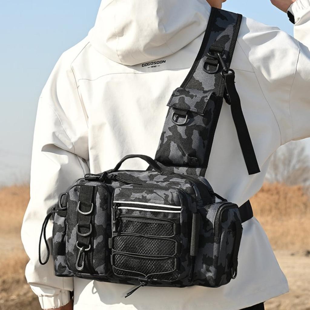Crossbody Bag Unisex Nylon Multi Pocket Adjustable Strap Outdoor Fishing Travel