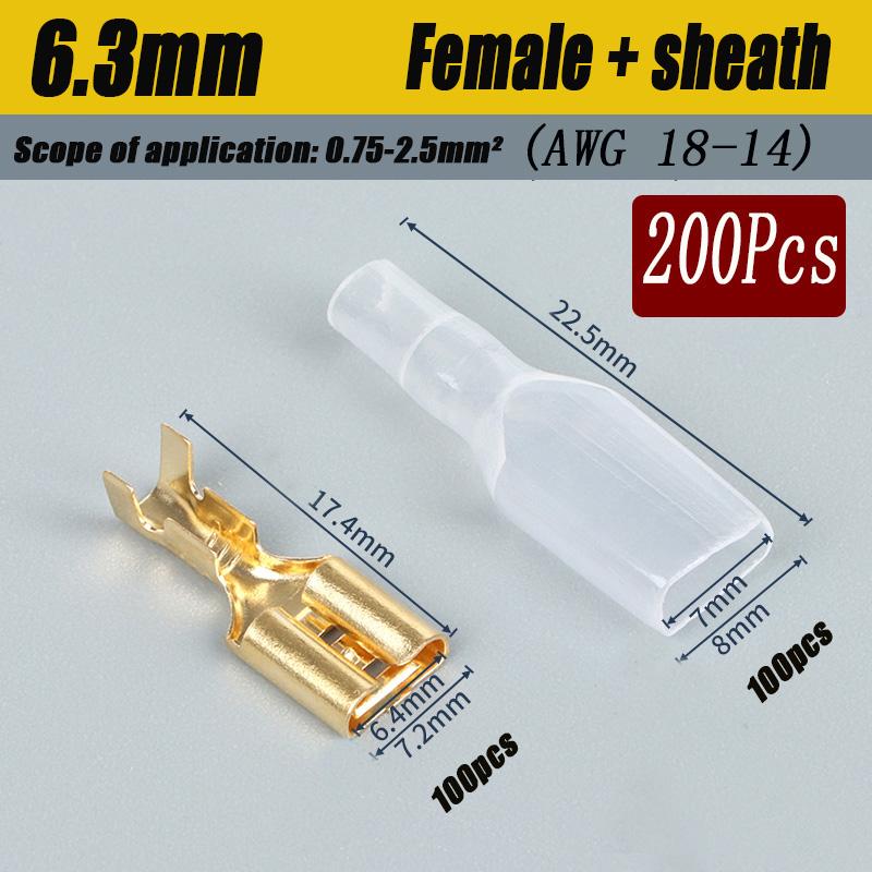 200Pcs Copper Female and Male Crimp Terminal Connectors Aautomotive Speaker Cable Flag Connector 2.8/ 4.8/ 6.3mm With Sheathing