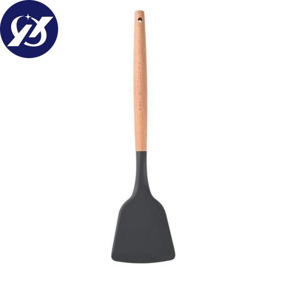 Kochspatel, rutschfest, geräuschlos, zum Braten, hitzebeständig, Silikon, verlängerter Holzgriff, Bratspatel für die Küche