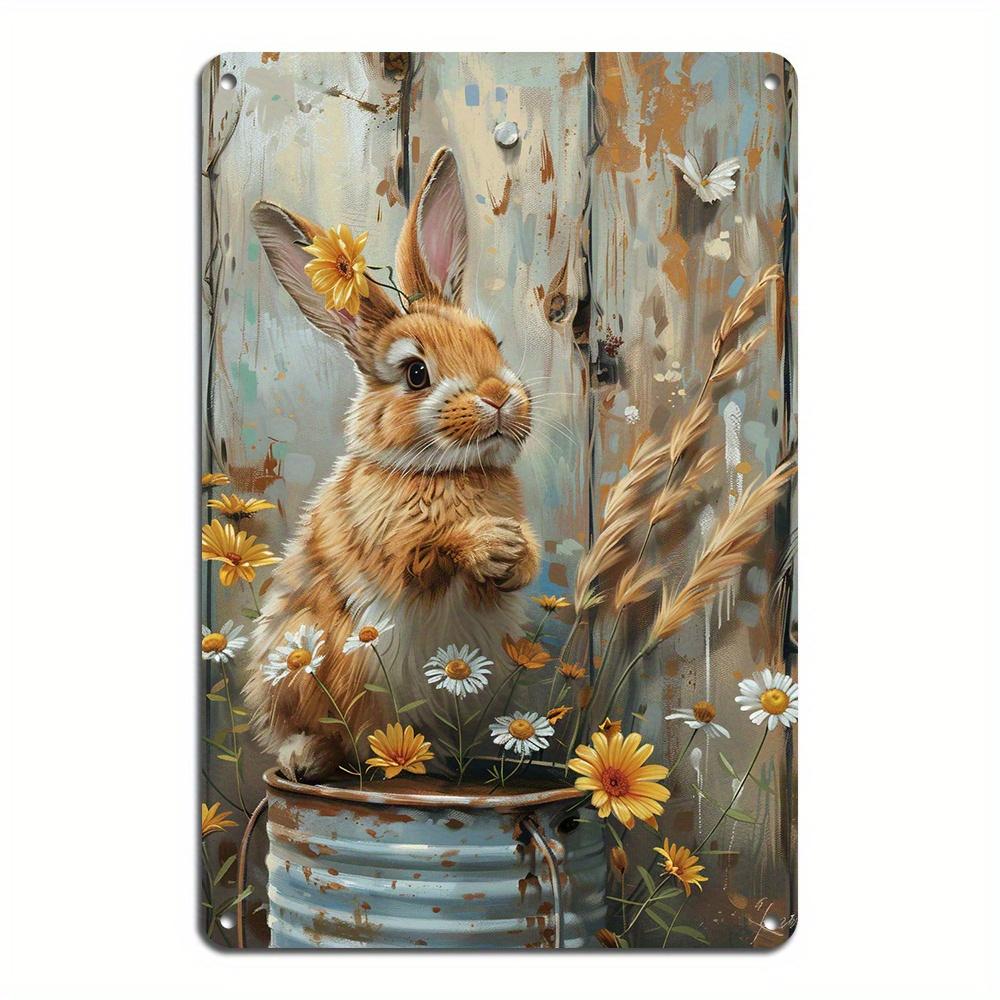 X Inch Vintage Bunny Floral Aluminum Sign  Rustic Botanical Wall Decor Home Kitchen Cafe