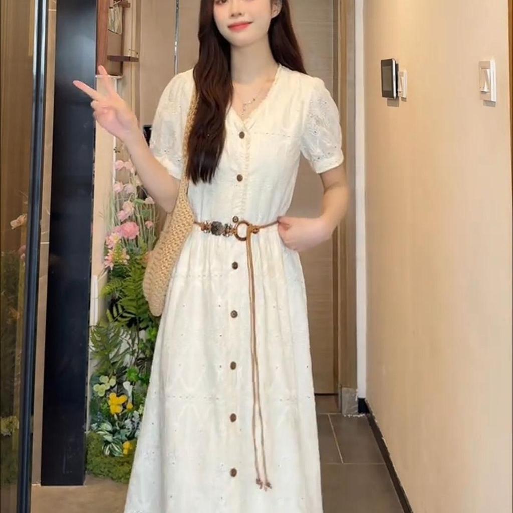 Women's French Hollow V-Neck Short-Sleeve Spring Dress Set - Elegant Waist-Cinching, Slimming, Long Skirt for Dates 2026.