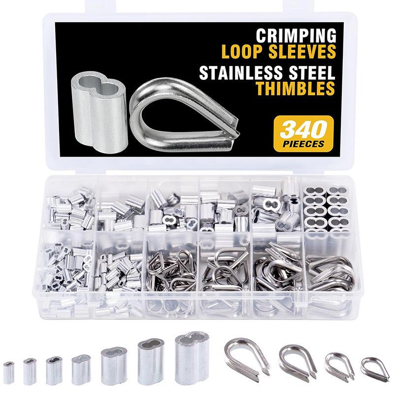 340-Piece Stainless Steel Wire Rope Kit with 304 Stainless Steel Thimbles, Ferrules, Double Hole Aluminum Sleeves, and Figure 8 Rigging