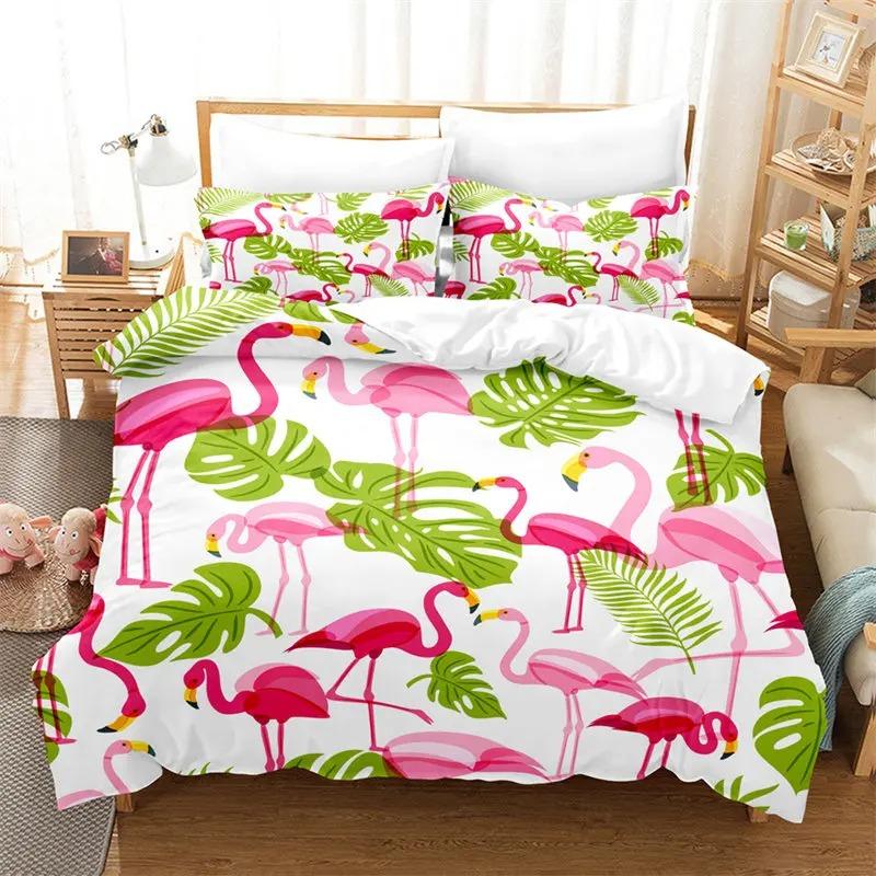 Flamingo Duvet Cover Palm Leaves Comforter Cover for Girls Boys Teens Cute Animal Tropical Botanical Bedding Set Twin King Size