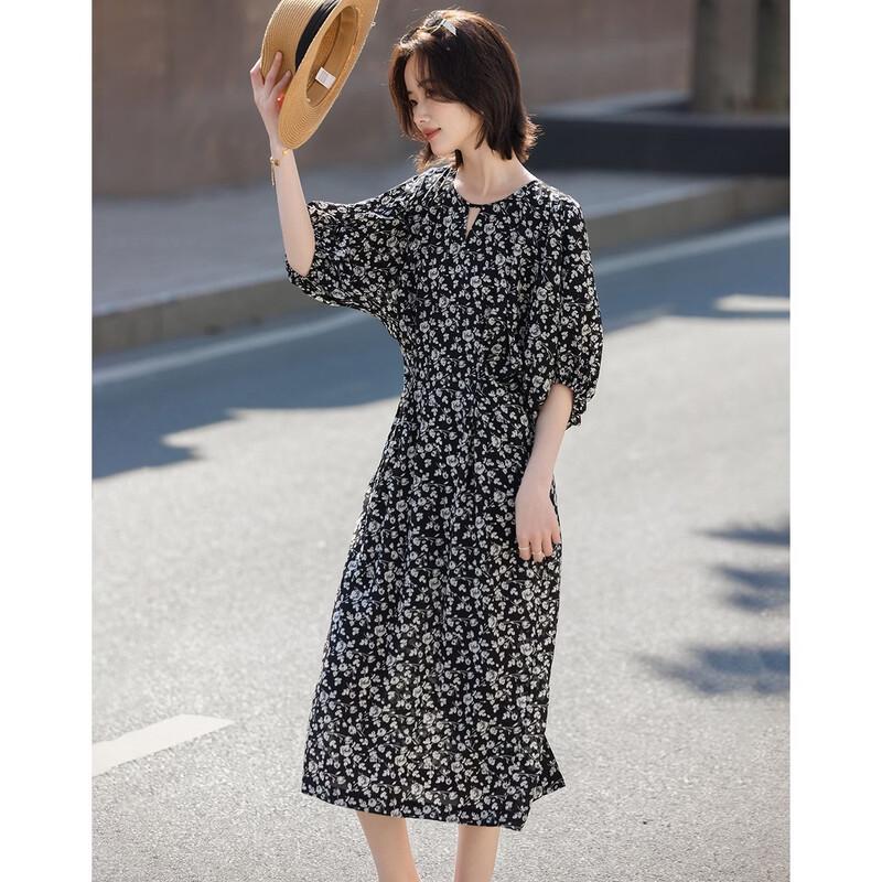 Retro Floral Round Neck Belted Midi Dress XL