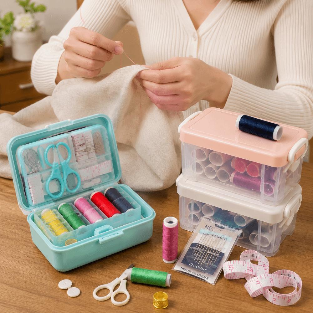 18pcs Portable Needlework Box Three-Layer Sewing Kit Box Sewing Tool Kit Cross Stitching