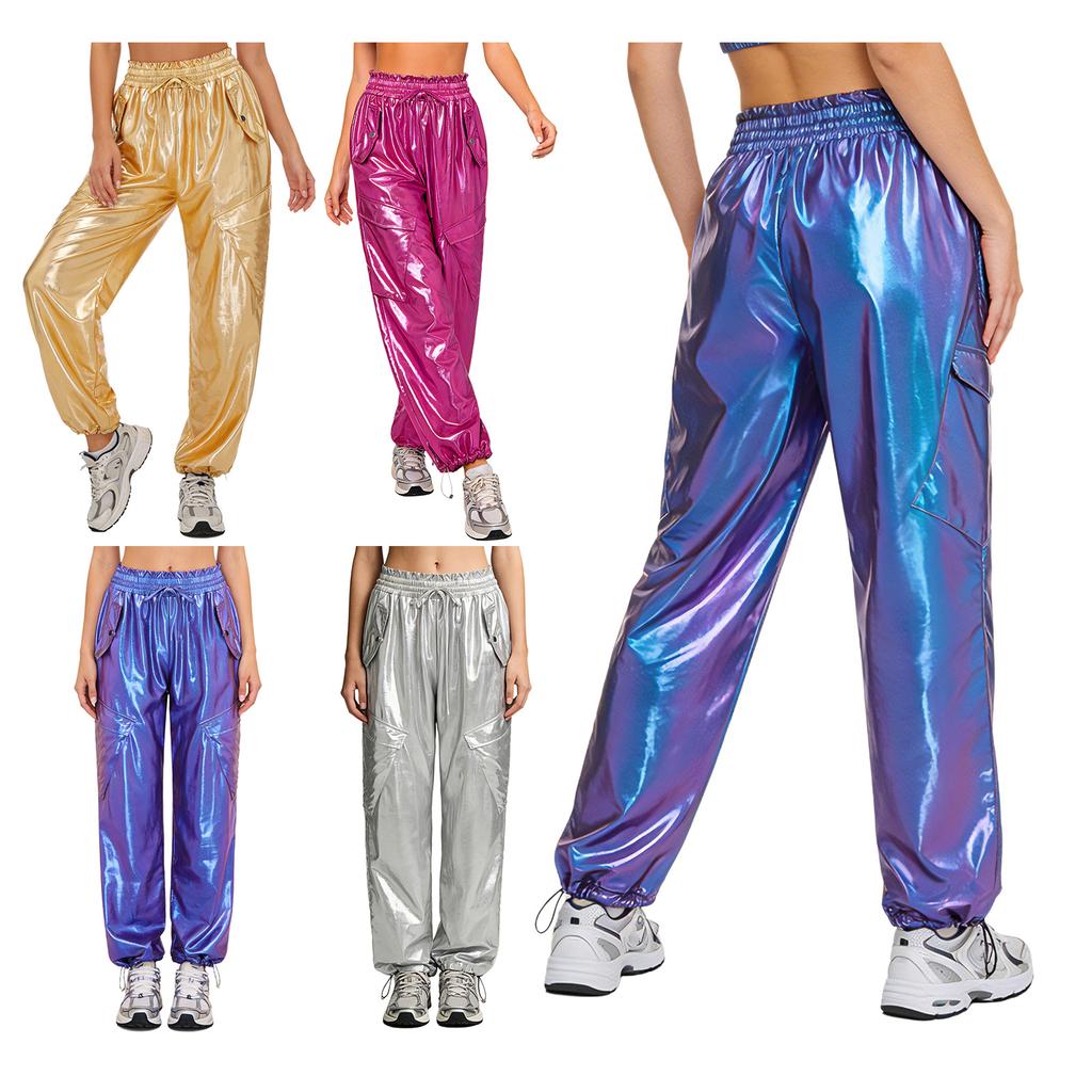 Metallische Cargo Jogginghose Damen Elastischer Raffierter Bund Seitentaschen Glänzende Hip Hop Bühne Musikfestival Clubwear