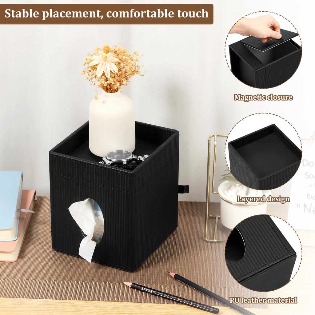 2 In 1 Square Tissue Box Cover PU Leather Cube Facial Tissue Dispenser with Top Tray Desktop Decoration for Home Bathroom Office