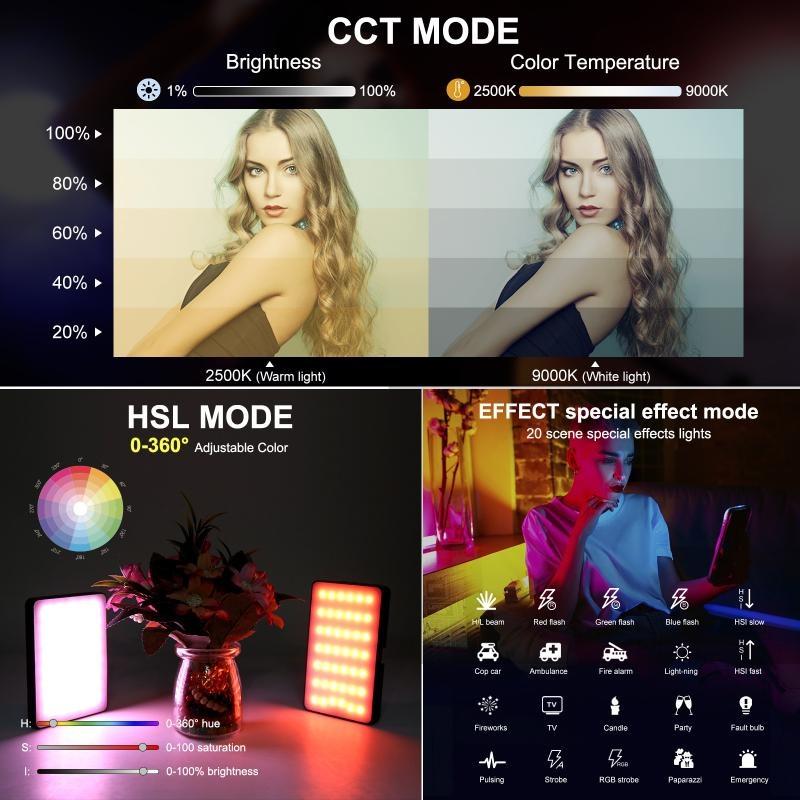 Rechargeable LED RGB Camera Video Light Full Color 2500K-9000K Dimmable Light for Portrait Product Photography Shooting