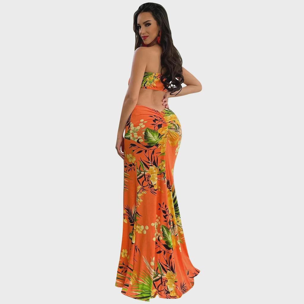 European & American Women's Printed Sexy Slit Sling Long Dress