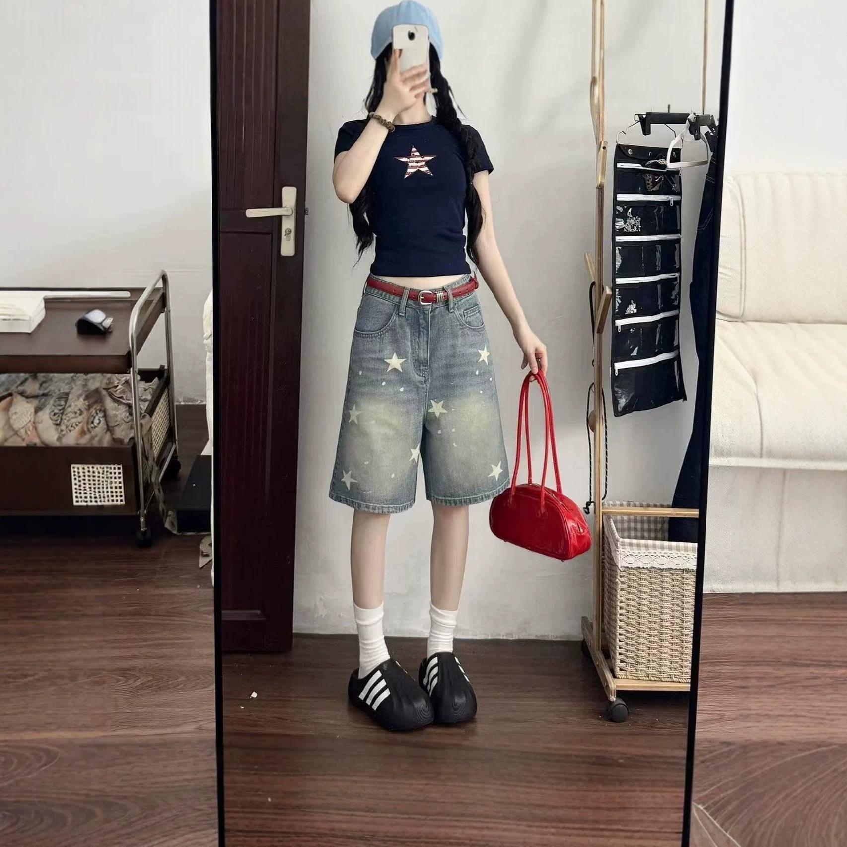 Women s High Waist Star Print Vintage Washed Denim Shorts Loose Wide Leg Culottes S