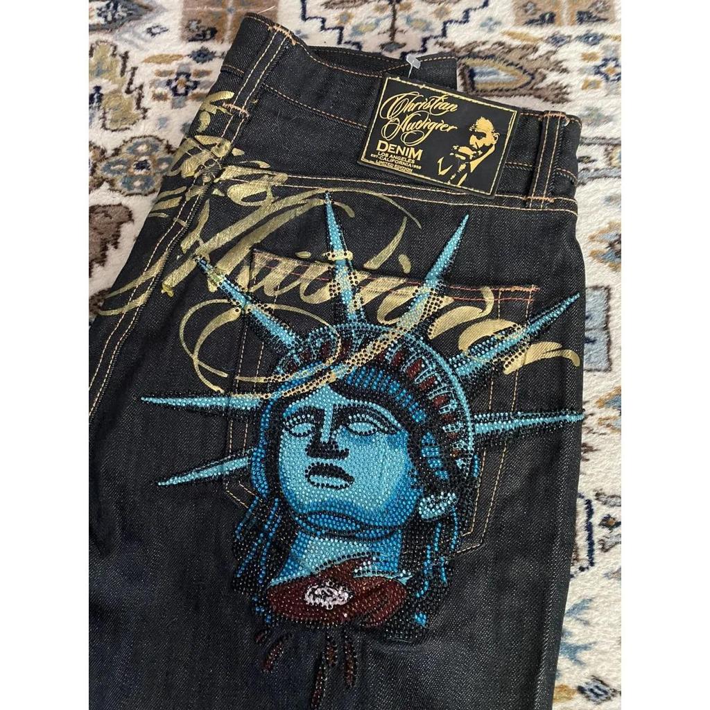 BeatStreet Vintage Statue of Liberty Diamonds Jeans Casual Denim Pants High Waist Straight Wide Leg Jeans Harajuku Y2k 2000s Women Clothing