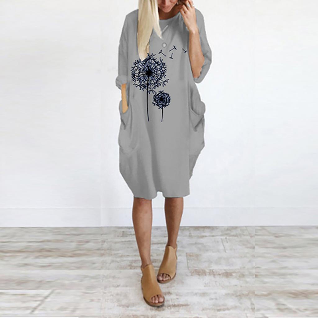 Women's Casual Loose Fit Pullover Dress with Round Neck and Pockets Featuring Printed Floral Design Comfortable Everyday Wear