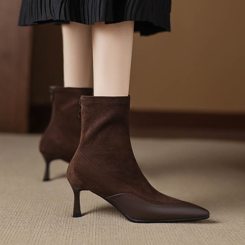 Krazing Pot Flock Pointed Toe Thin High Heels Modern Boots Size 42 Zip Patch Work Women Elastic Ankle Boots