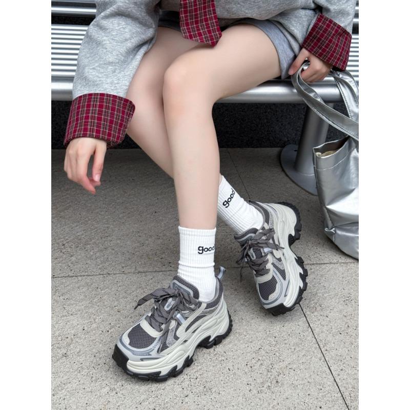 

Autumn new leather thick-soled 6cm dad shoes women s small height-increasing shoes hot diamond casual sports women s shoes 35 серый