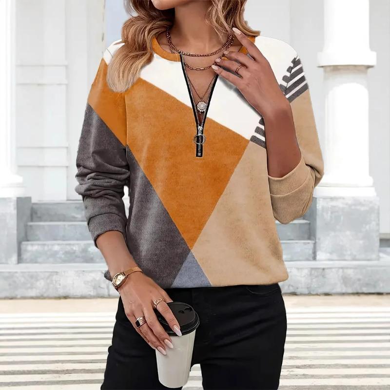 Women V-Neck Long Sleeved T Shirt Fashion Zipper Women Shirts Loose 2025 Autumn Geometry Color Blocked Printing Casual Clothes