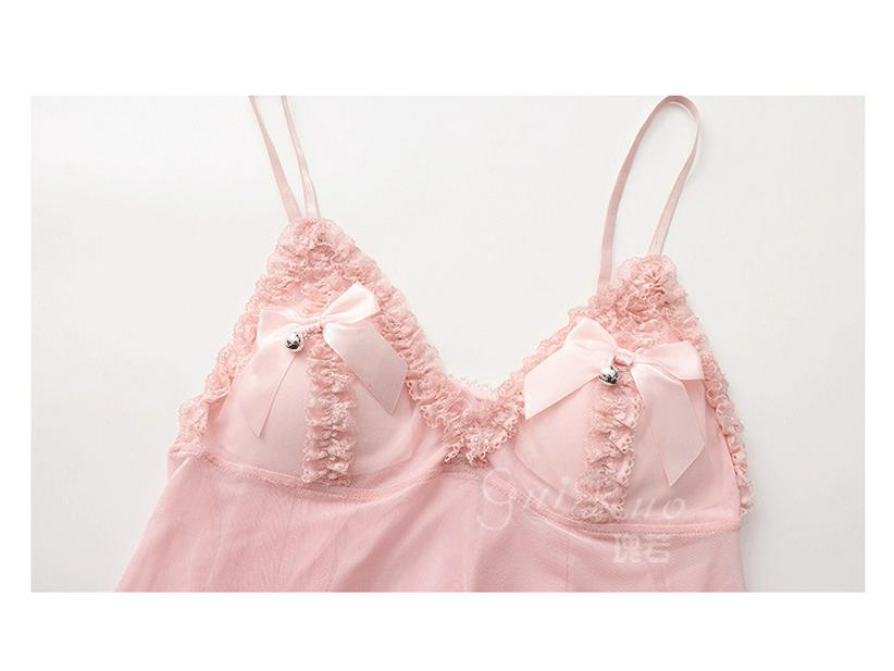 Rose Desire Lace Deep V Plus Size Dress Set with Bow and Removable Bra Pads (P5768)