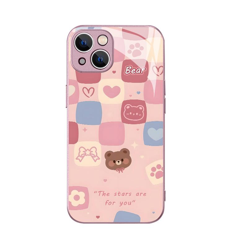 Summer New Product Isn't the Wind Gentle Powder Grid Bear Mobile Phone Case iPhone15 Lens All-inclusive Glass Apple 17Pro