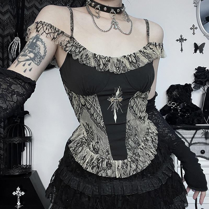 

Женские укороченные топы в стиле гранж в готическом стиле, майки в стиле панк, футболка Хараку, повседневная майка для девочек, сексуальные футболки с открытыми плечами, Клубная одежда