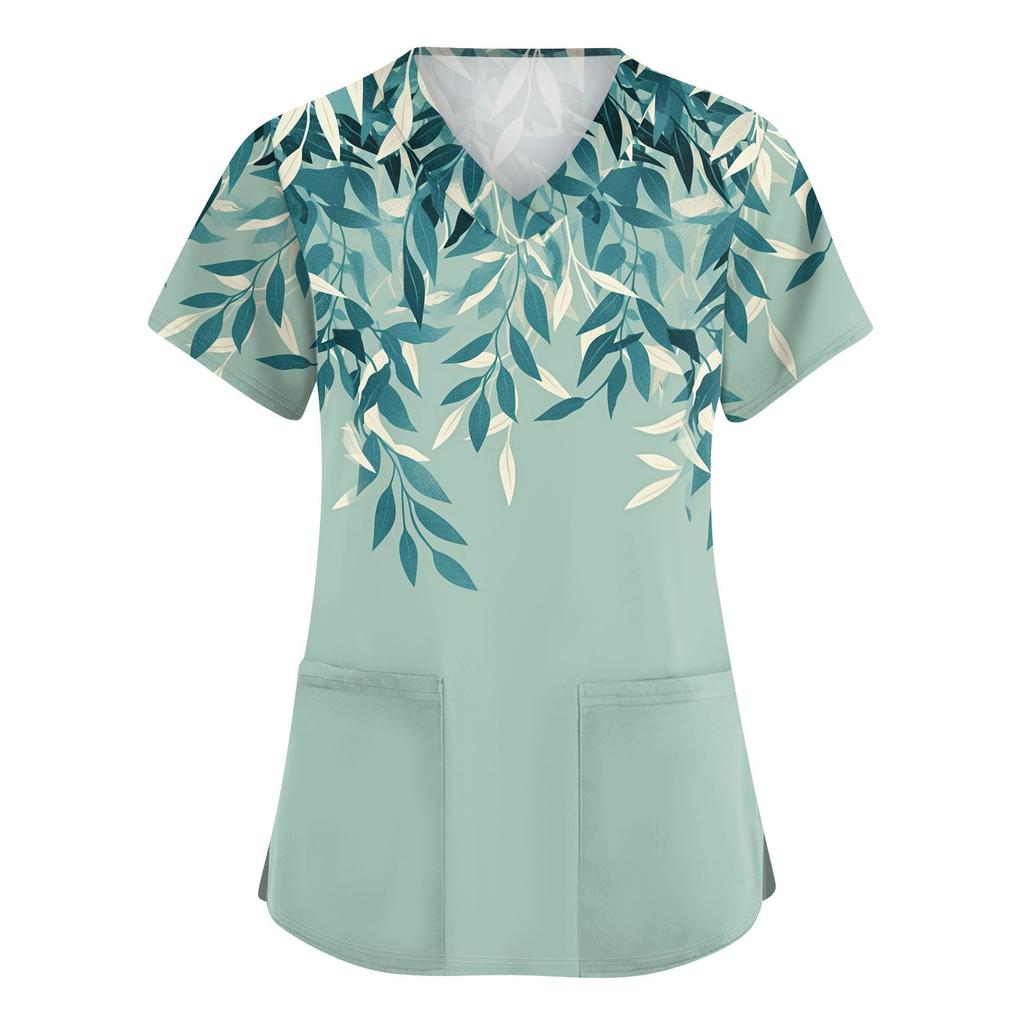 Niedlich bedruckte Arbeitskleidung für Damen, V-Ausschnitt, doppellagige Taschen, Basic-Kurzarm-Oberteil, Pullover