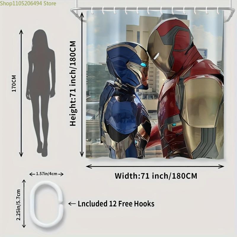1pz Tenda da Doccia Bagno Marvel Iron Man - Poliestere Impermeabile, 12 Ganci Inclusi, Design Blu & Oro di Iron Man, Perfetta