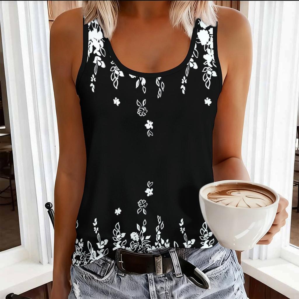 Women Plus Size Scoop Neck Sleeveless Tank Top Green White Gold Floral Printed Curved Hem