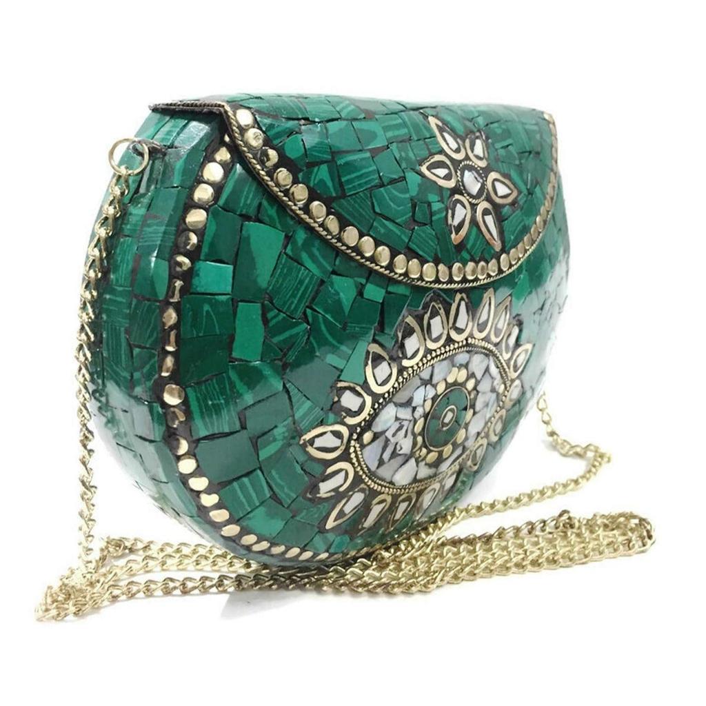 Turquoise Stone Mosaic Metal Bag Antique Ethnic Bridal Clutch Indian Purse Party Clutch Women Bag