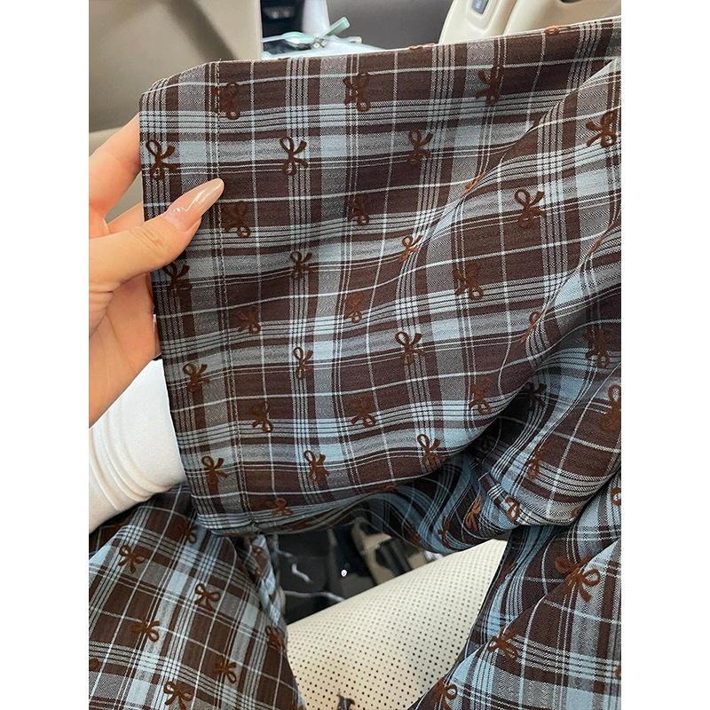 Girl's Plaid Bow Printed Sleeping Pants, Wide Leg Pants, Women's Straight Leg Walking Pants, Loose Casual Outerwear, Yamamoto Pants
