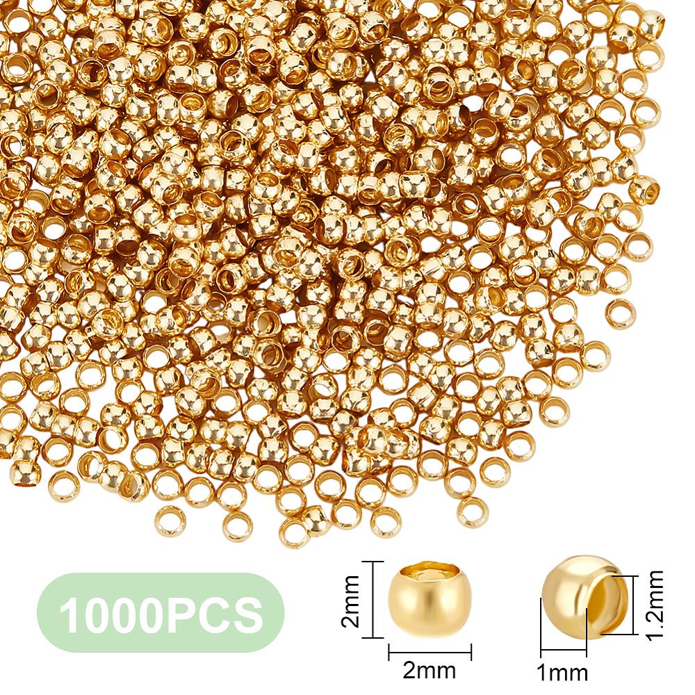 1000Pcs Brass Crimp Beads, Rondelle, Real 18K Gold Plated, 2x2x1mm, Hole: 1.2mm