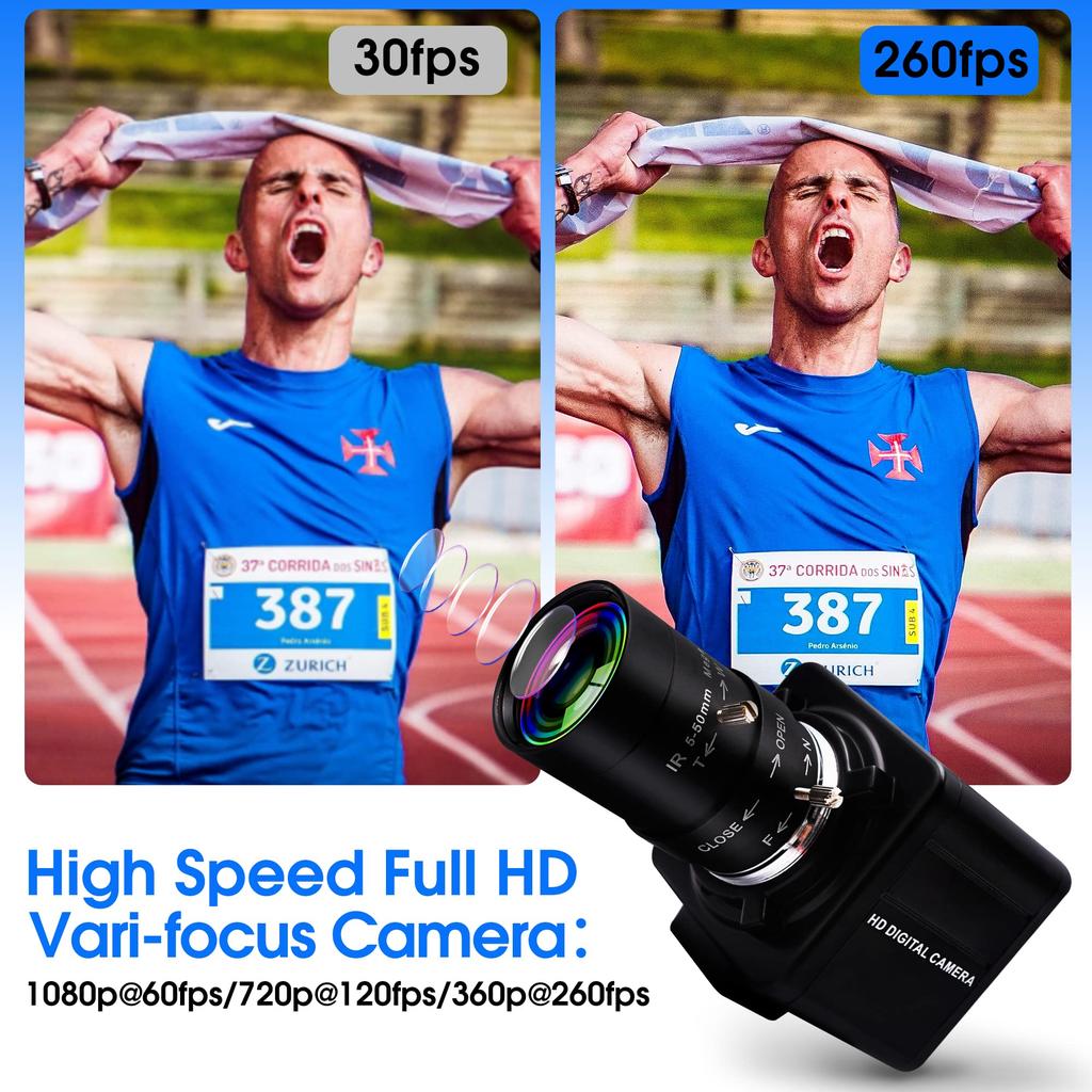 ELP 260fps Optical Zoom 2MP Variable Focus CMOS 1080p 60fps Compatible with Raspberry 720p 120fps USB PC External Zoom 10x Variable Webcam Webcam,