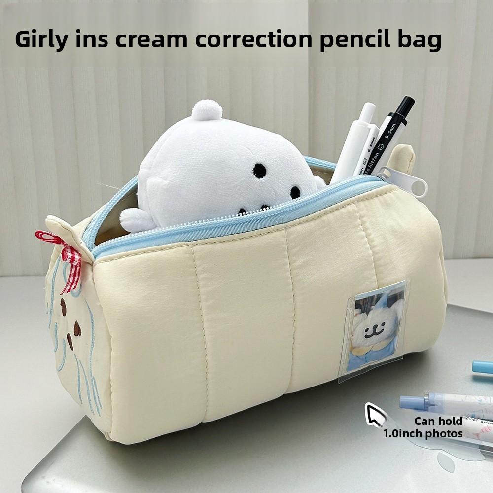 Cream Cartoon Pencil Case With Large Capacity For Students And Office Use