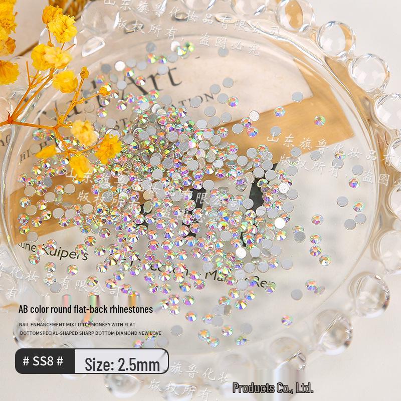 Iridescent AB White Small Round Nail Art Diamonds – Crystal Glass Flat Bottom for Super Shiny Decoration