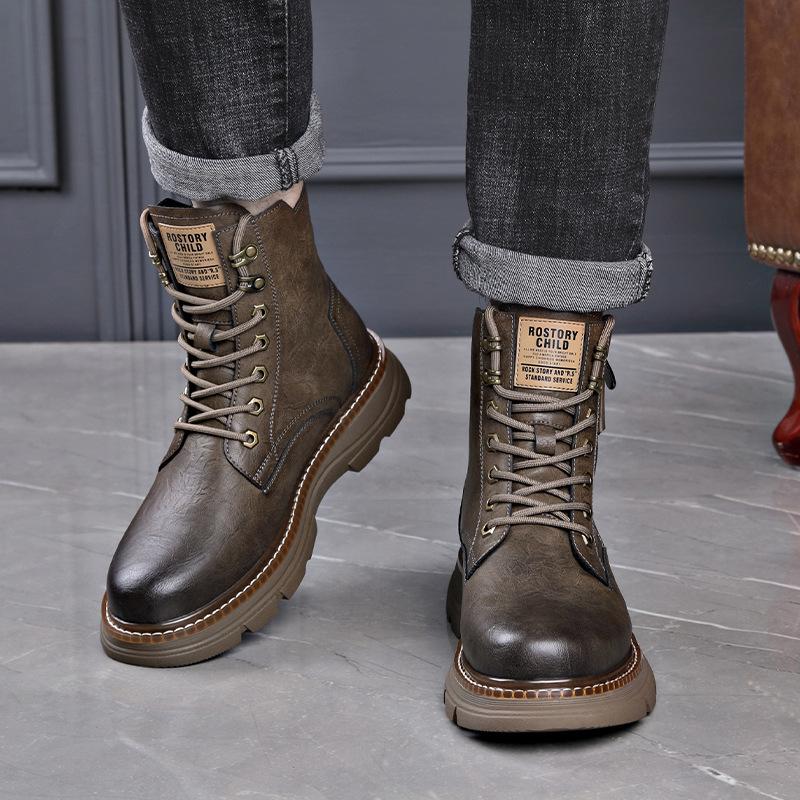 Men's Genuine Leather Mid-Cut Martin Boots - Trendy, All-Match, High-Top with Velvet Lining for Autumn and Winter
