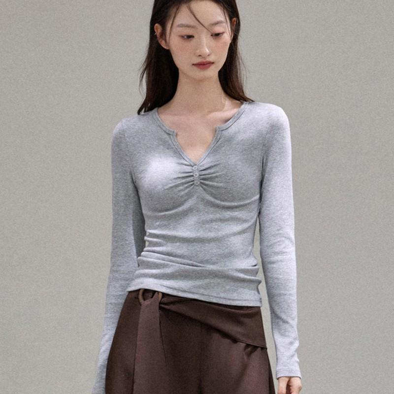 Womens Elegant V-Neck Long Sleeve T-Shirt With Pleated Detail Soft Modal Blend Slim Fit Office Daily Wear
