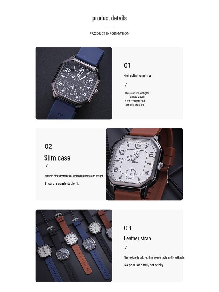 Trendy Retro Men's Leather Strap Quartz Watch - Square Case Fashion Student Wristwatch