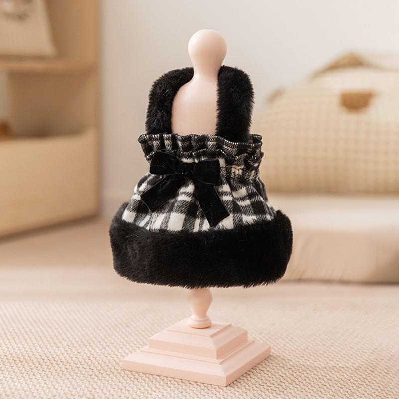 Adorable Dog Dress With Bow Plaid Cotton Outfit Small Medium Breeds Warm Winter Pet Clothing