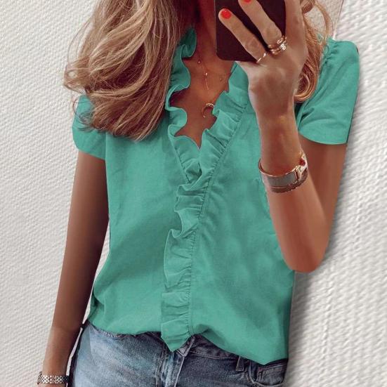 Women Shirt V-neck Lace Ruffle Soft Low-cut Dating Short Sleeves Commute OL Style Blouse